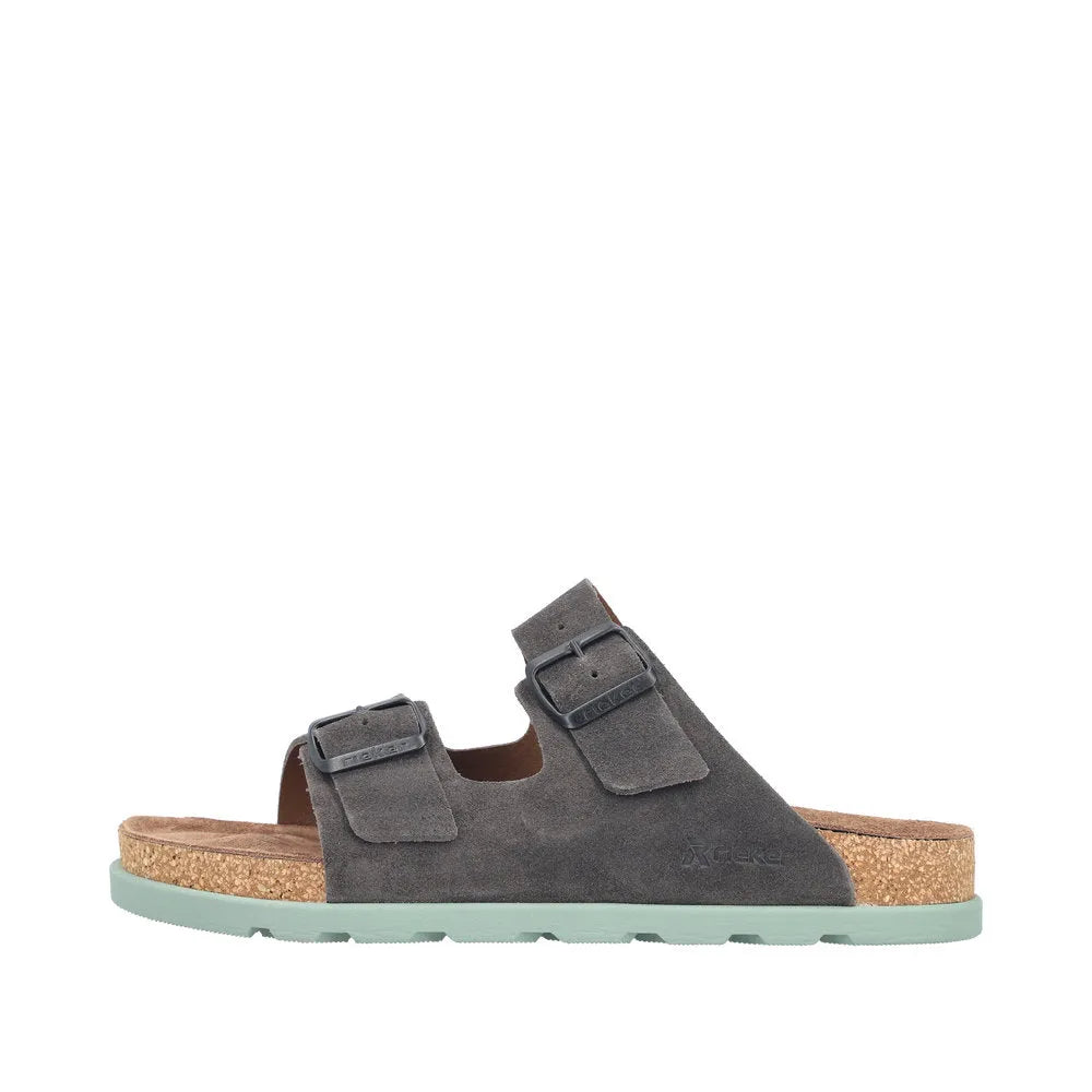 Rieker 21190-45 men's wide fit grey suede buckle mule sandals with cork footbed and rubber sole.
