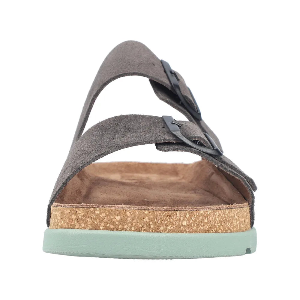 Rieker 21190-45 men's wide-fit grey suede buckle mule sandals with cork footbed and rubber sole.