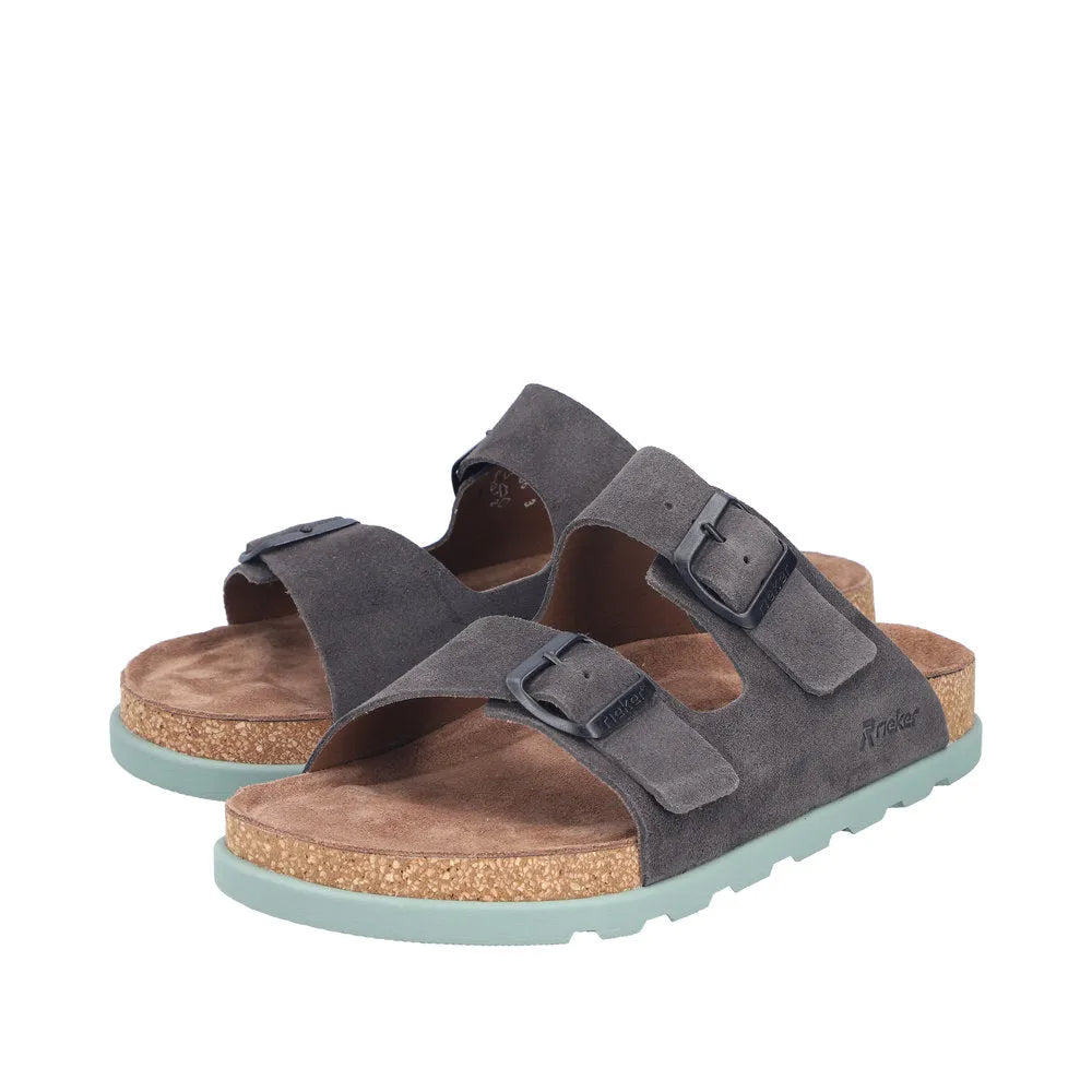 Rieker men's wide fit grey suede buckled mule sandals with cork footbed and lightweight sole.