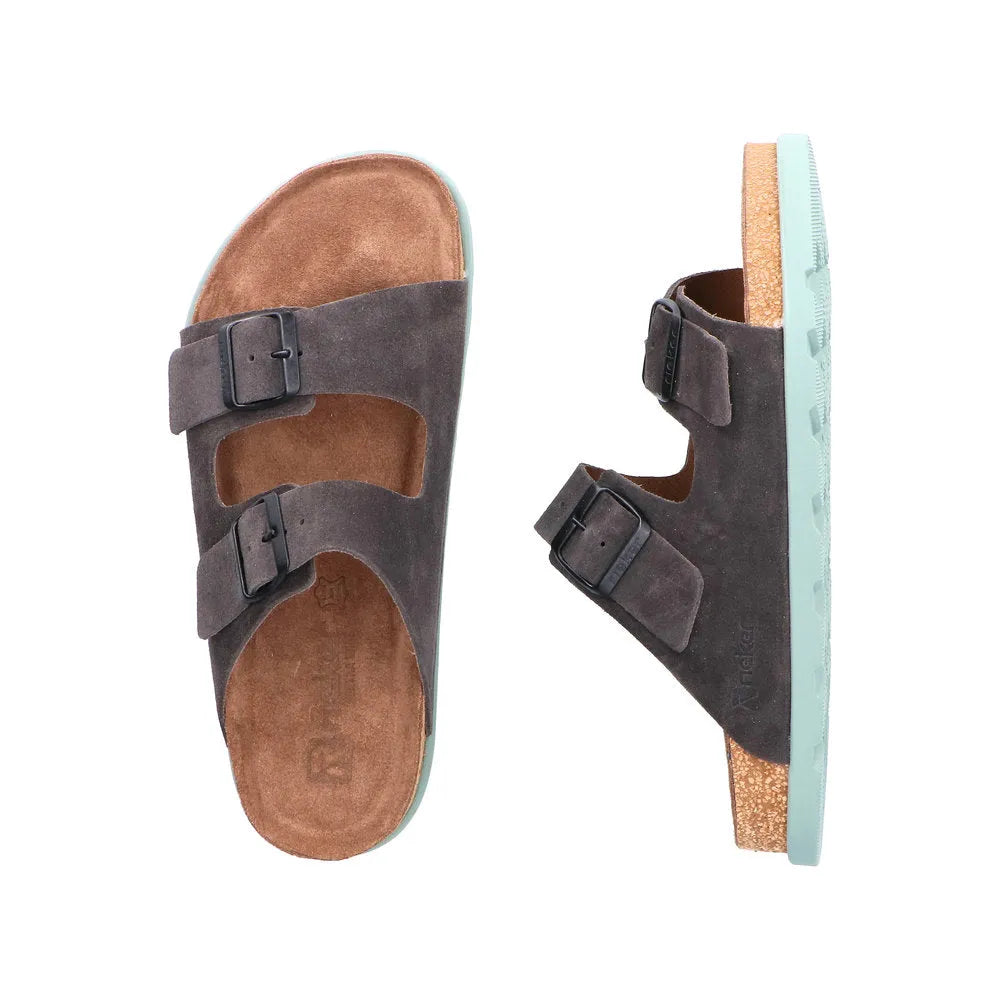 Rieker men's wide fit grey suede buckle mule sandals with cork footbed and textured rubber sole.