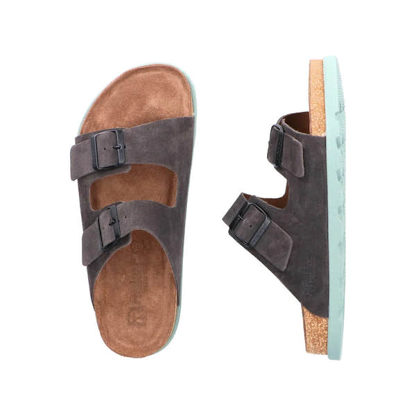 Rieker men's wide fit grey suede buckle mule sandals with cork footbed and textured rubber sole.
