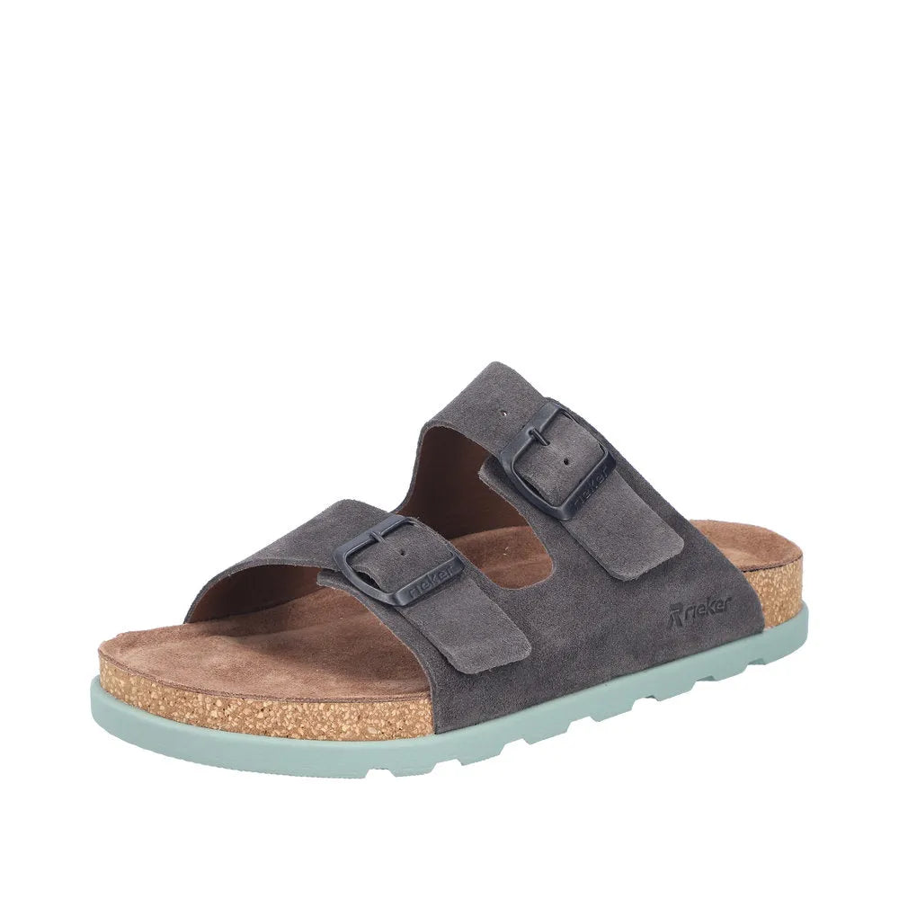 Rieker 21190-45 men's wide fit grey suede buckle mules with cork insole and rubber sole.