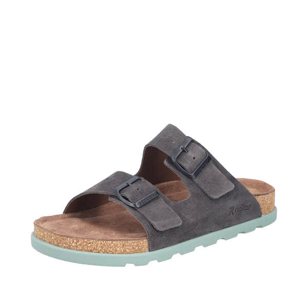 Rieker 21190-45 men's wide fit grey suede buckle mules with cork insole and rubber sole.