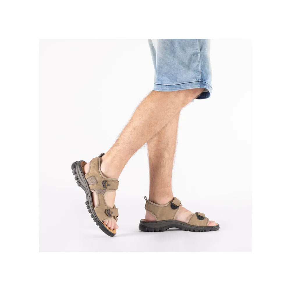 Rieker 25055-64 men's wide fit stone touch fastening sandals with adjustable straps and rugged sole.