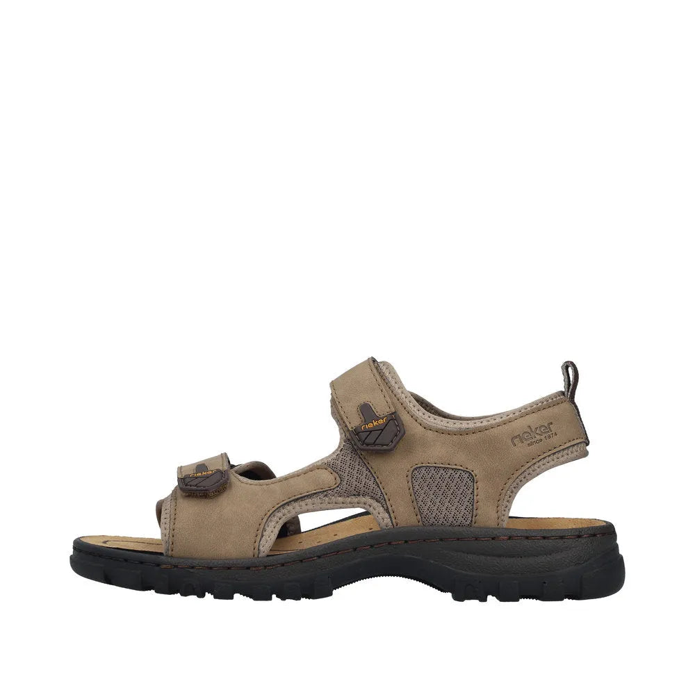 Rieker men's wide fit stone-colored touch fastening sandals with adjustable straps and cushioned sole.