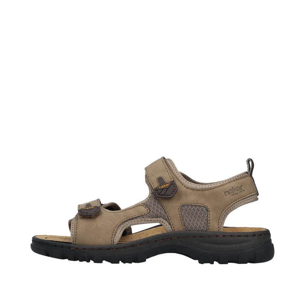 Rieker men's wide fit stone-colored touch fastening sandals with adjustable straps and cushioned sole.