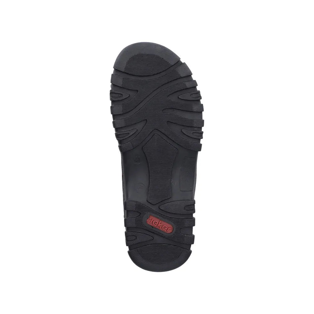 Rieker 25055-64 men's wide fit stone touch fastening sandals with durable rubber sole, adjustable strap, and low-profile design.