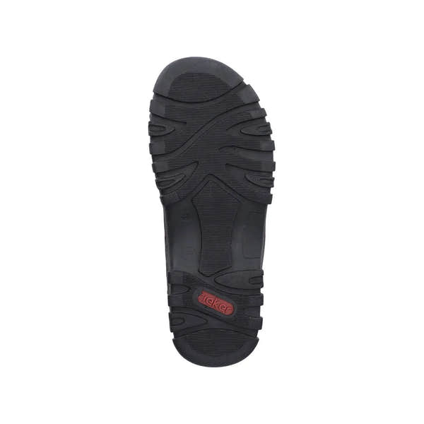 Rieker 25055-64 men's wide fit stone touch fastening sandals with durable rubber sole, adjustable strap, and low-profile design.