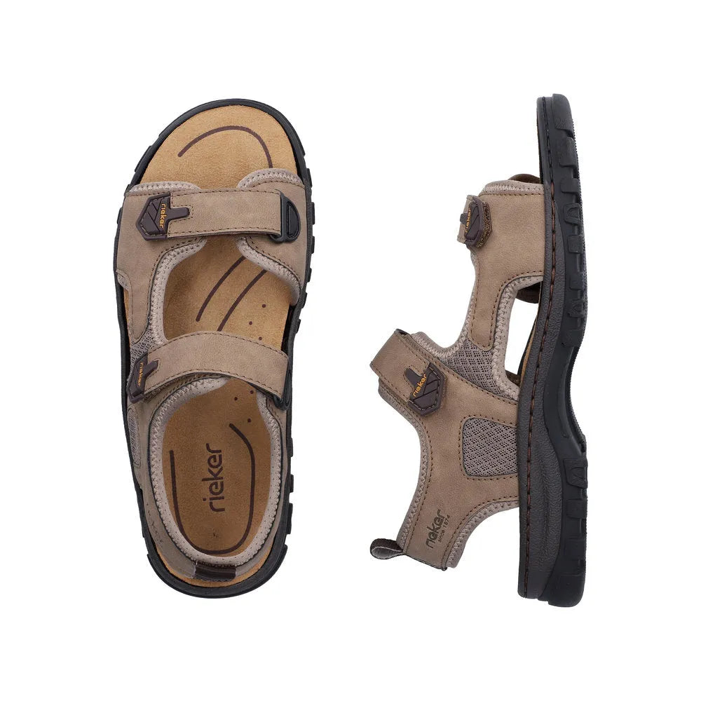 Rieker men's wide fit stone-colored touch fastening sandals with adjustable straps and durable sole, ideal for comfortable summer wear.
