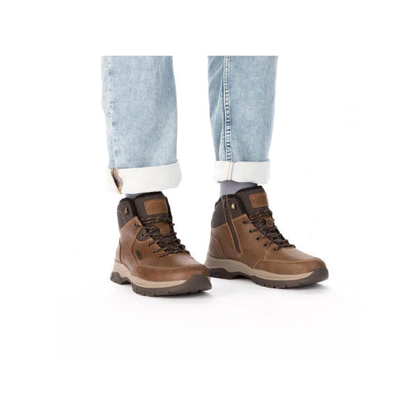 Rieker 30230-22 men's brown water-resistant ankle boots with zip and lace-up closure, rugged tread sole, and padded collar.