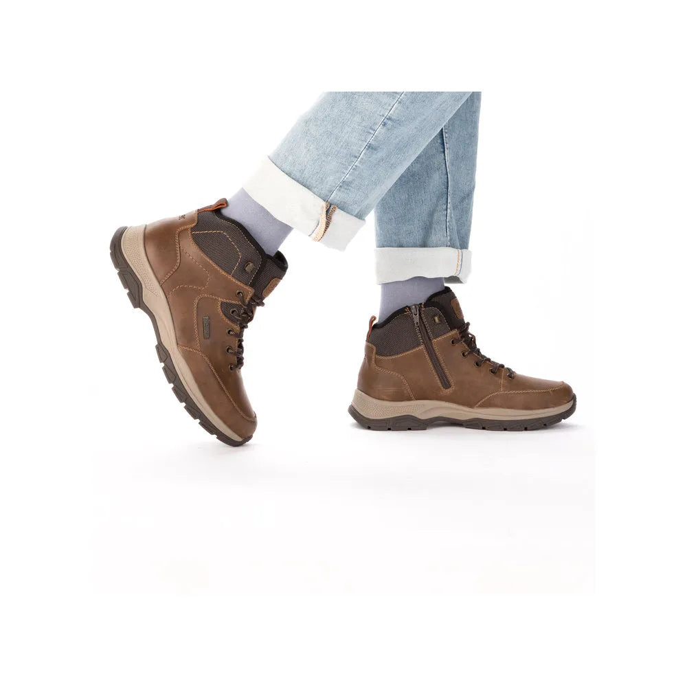 Rieker men's brown water-resistant zip and lace ankle boots, rugged style with sturdy grip sole.