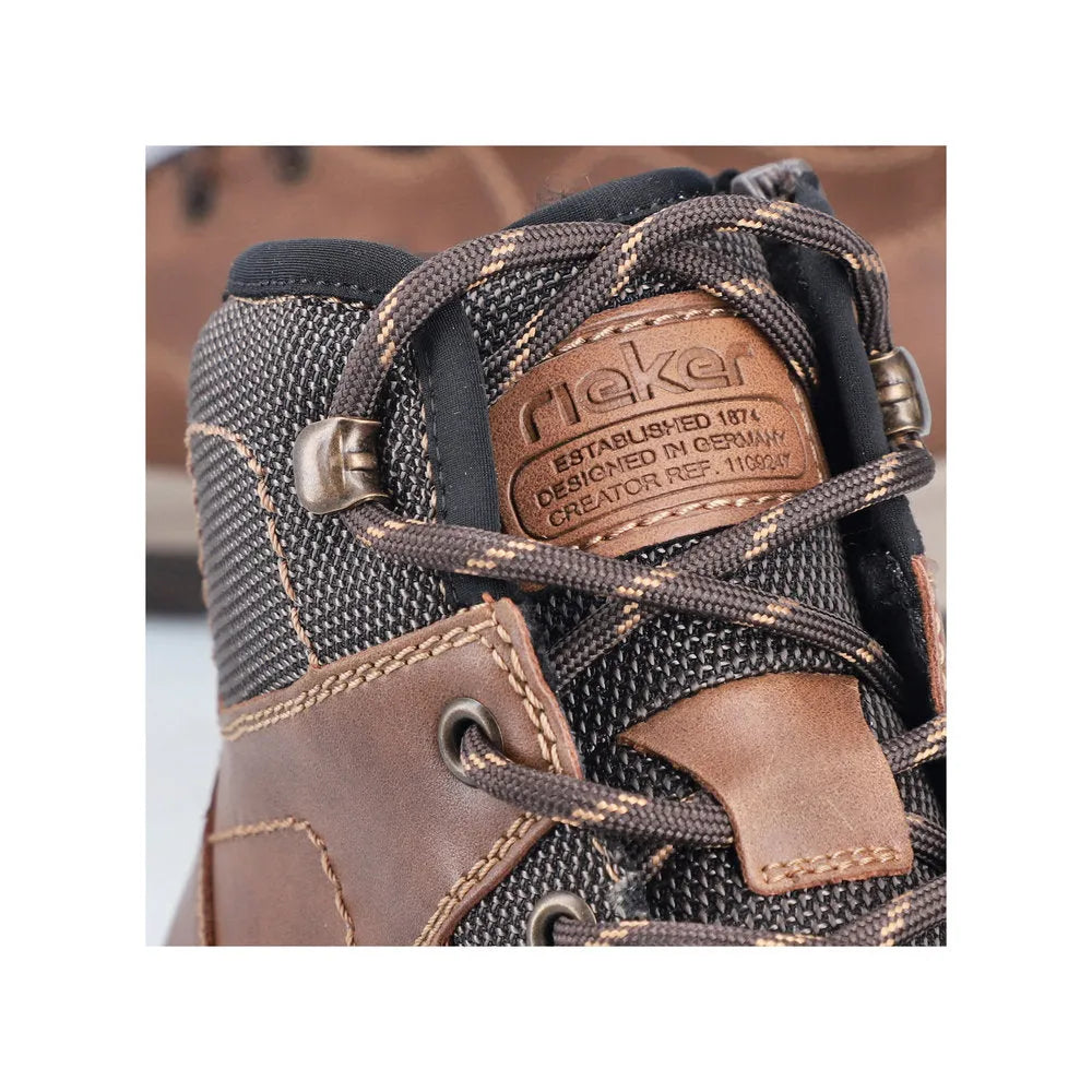 Rieker 30230-22 men's brown water-resistant ankle boots with zip and lace-up design, detailed leather and textile upper.