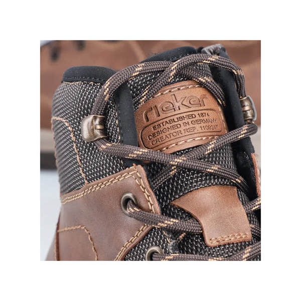 Rieker 30230-22 men's brown water-resistant ankle boots with zip and lace-up design, detailed leather and textile upper.