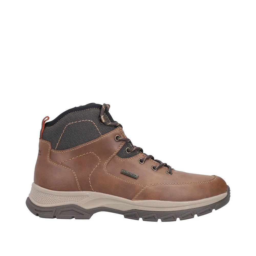 Rieker men's brown ankle boots with waterproof zip and lace-up design, water-resistant leather, rugged sole, style 30230-22.