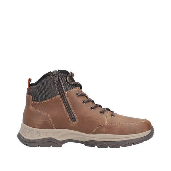 Rieker 30230-22 men's brown water-resistant ankle boots with zip and lace closure, rugged outsole, and padded collar.