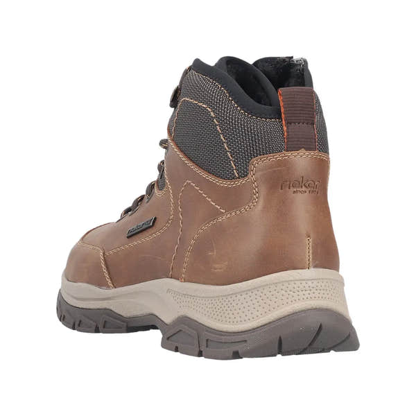 Rieker men's brown water-resistant ankle boots with zip and lace closure, rugged sole, and padded ankle for outdoor wear.