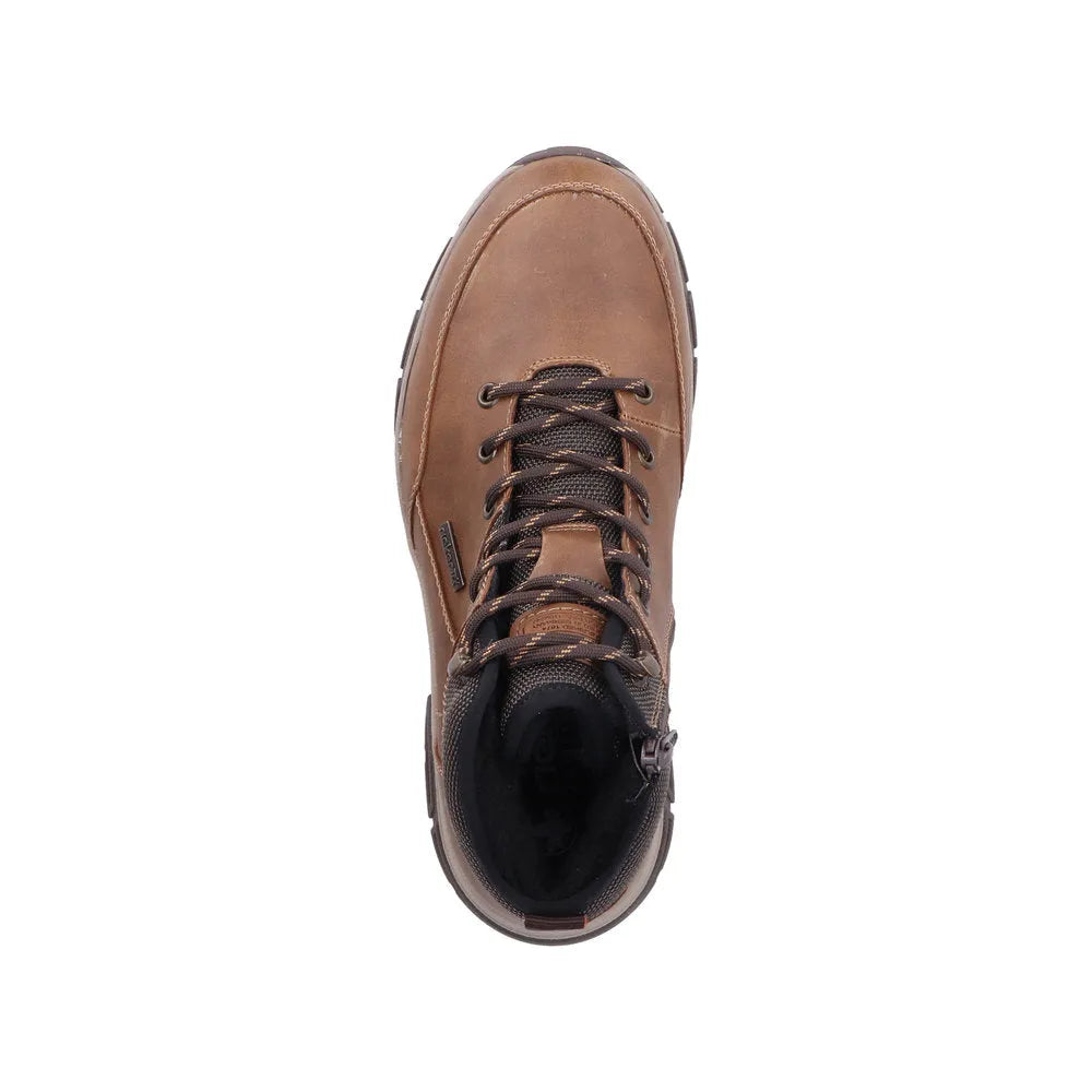 Rieker 30230-22 men's brown water-resistant ankle boots with zipper and lace-up closure.