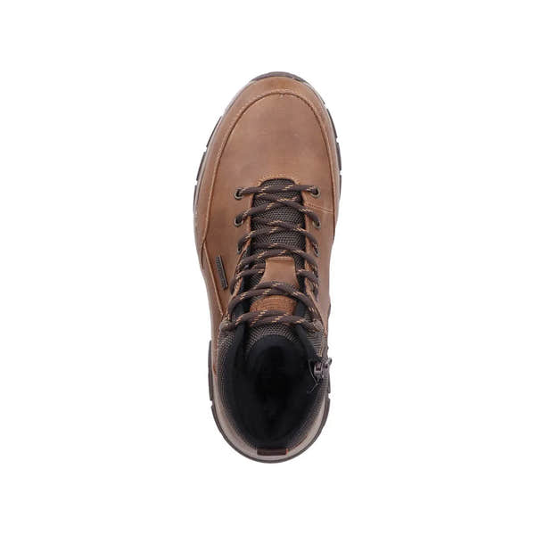 Rieker 30230-22 men's brown water-resistant ankle boots with zipper and lace-up closure.