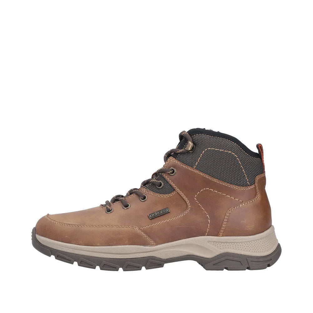 Rieker 30230-22 men's brown water-resistant ankle boots with zip and lace-up closure, rugged sole, and cushioned collar.