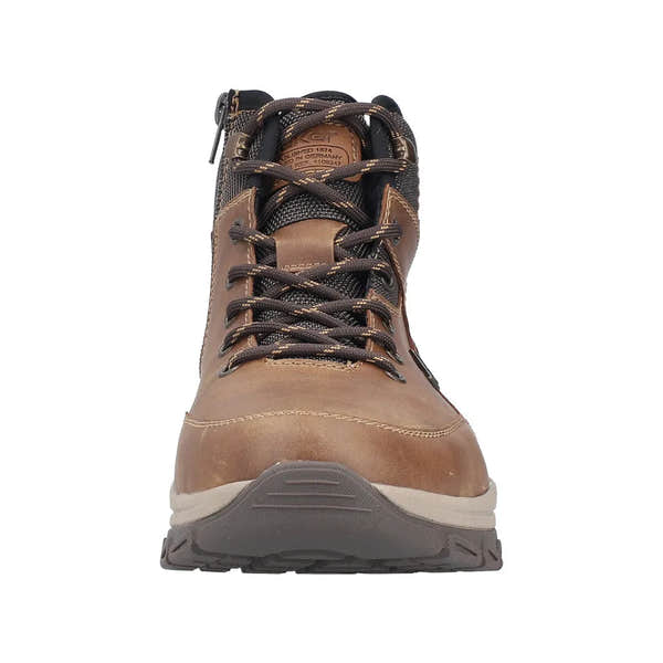 Rieker 30230-22 men's brown water-resistant ankle boots with zip and lace-up closure, rugged sole, and stylish design.