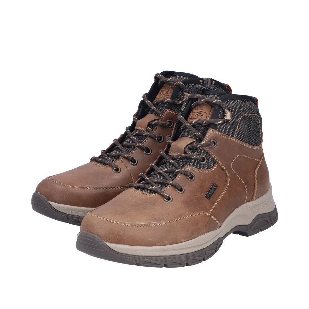 Rieker 30230-22 men's brown water-resistant leather ankle boots with lace and zip closure, rugged outsole, and padded collar.