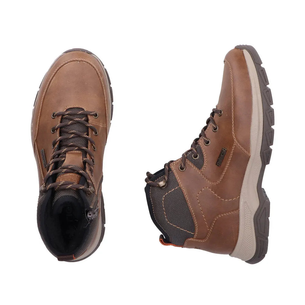 Rieker 30230-22 men's brown water-resistant lace-up ankle boots with zip, rugged soles, and breathable mesh accents.