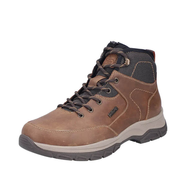 Rieker 30230-22 men's brown water-resistant ankle boots with zip and lace closure, rugged outsole, and padded collar.