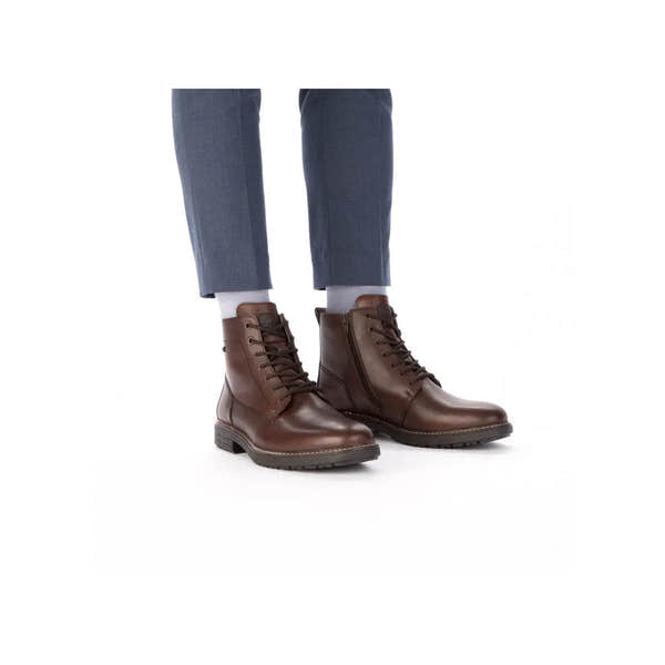 Rieker 33143-25 men's brown leather water-resistant ankle boots with zip and lace-up design.