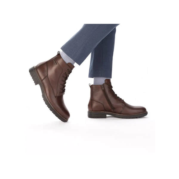 Rieker 33143-25 men's brown leather ankle boots with water resistance, zipper and lace-up design, stylish and durable footwear.