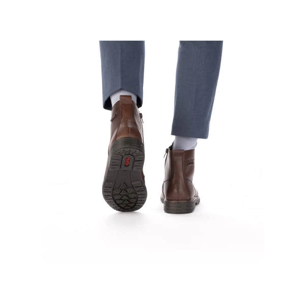 Rieker 33143-25 men's brown water-resistant leather ankle boots with zipper and lace-up closure, rugged sole, stylish footwear.