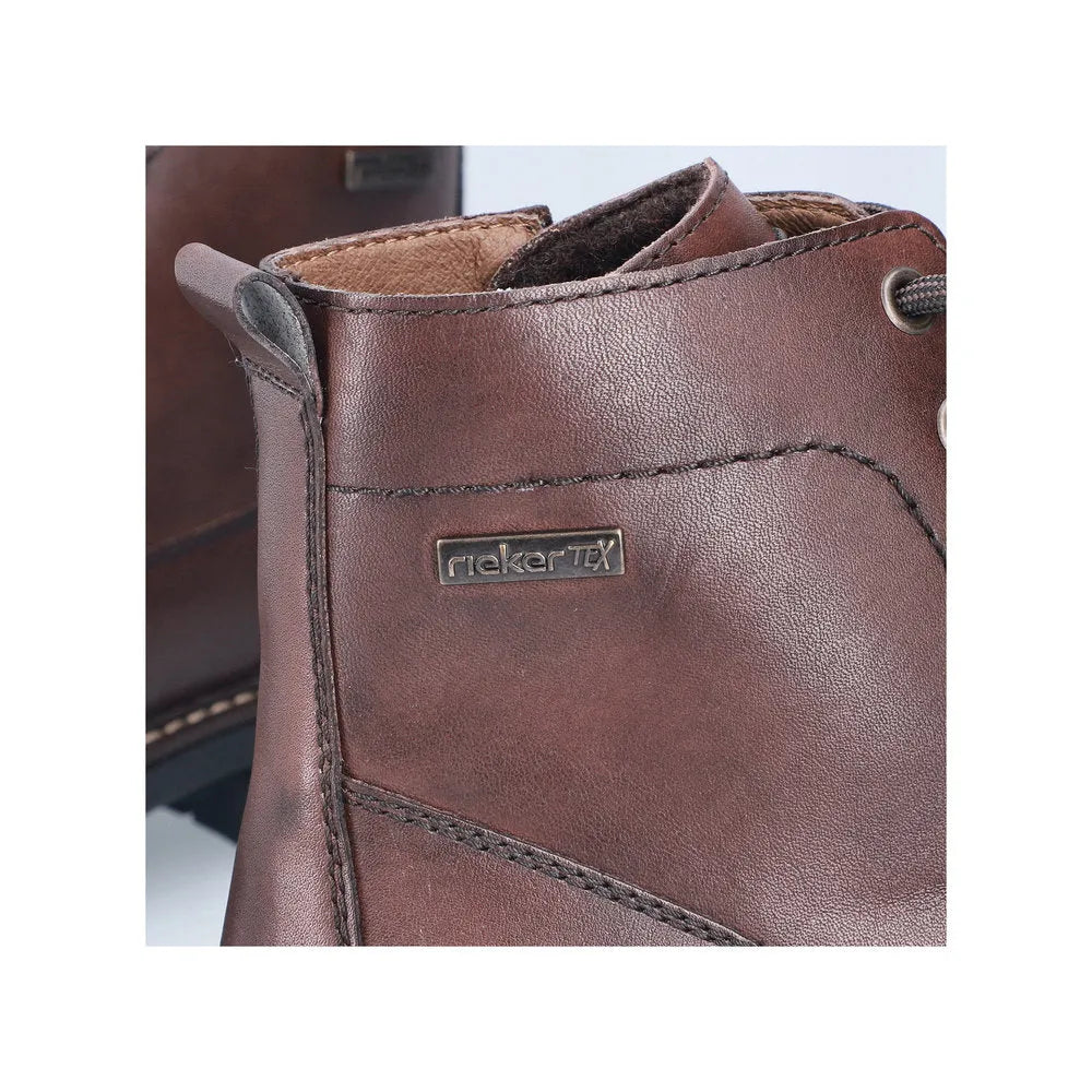 Rieker 33143-25 men's brown water-resistant leather ankle boots with zip and lace closure.