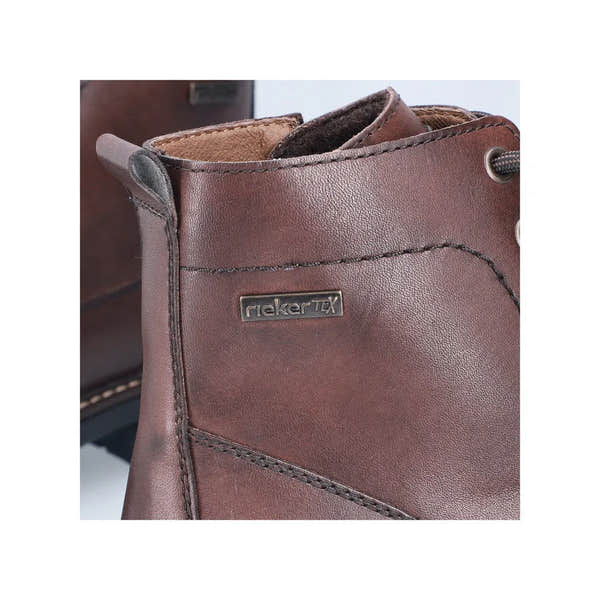Rieker 33143-25 men's brown water-resistant leather ankle boots with zip and lace closure.