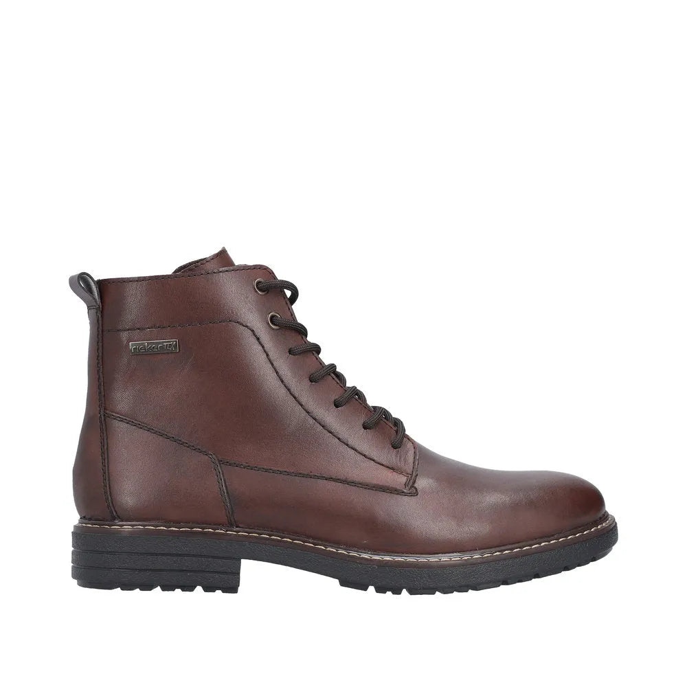 Rieker men's brown water-resistant leather ankle boot with lace-up and zipper closure, chunky sole, and stylish design.