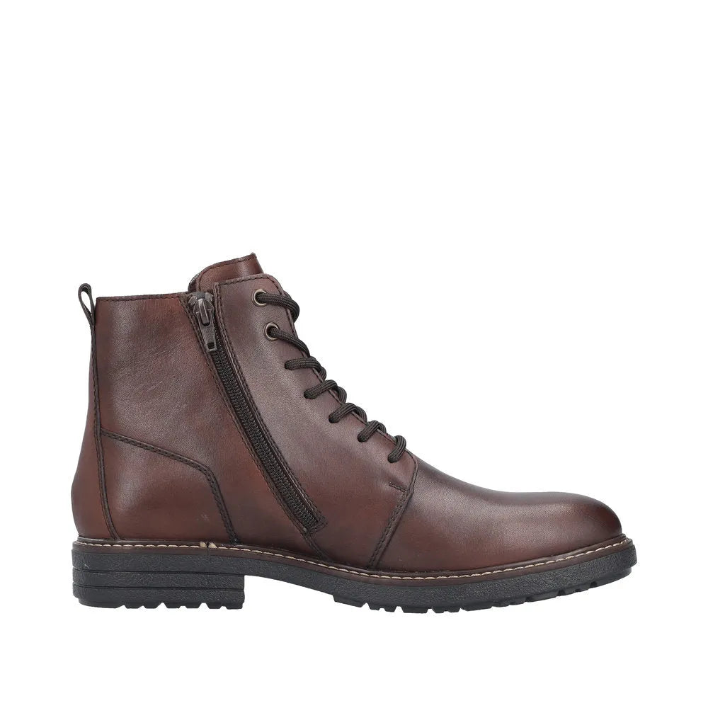 Rieker men's brown leather water-resistant ankle boots with zip and lace-up closure, featuring a durable sole.