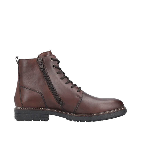 Rieker men's brown leather water-resistant ankle boots with zip and lace-up closure, featuring a durable sole.