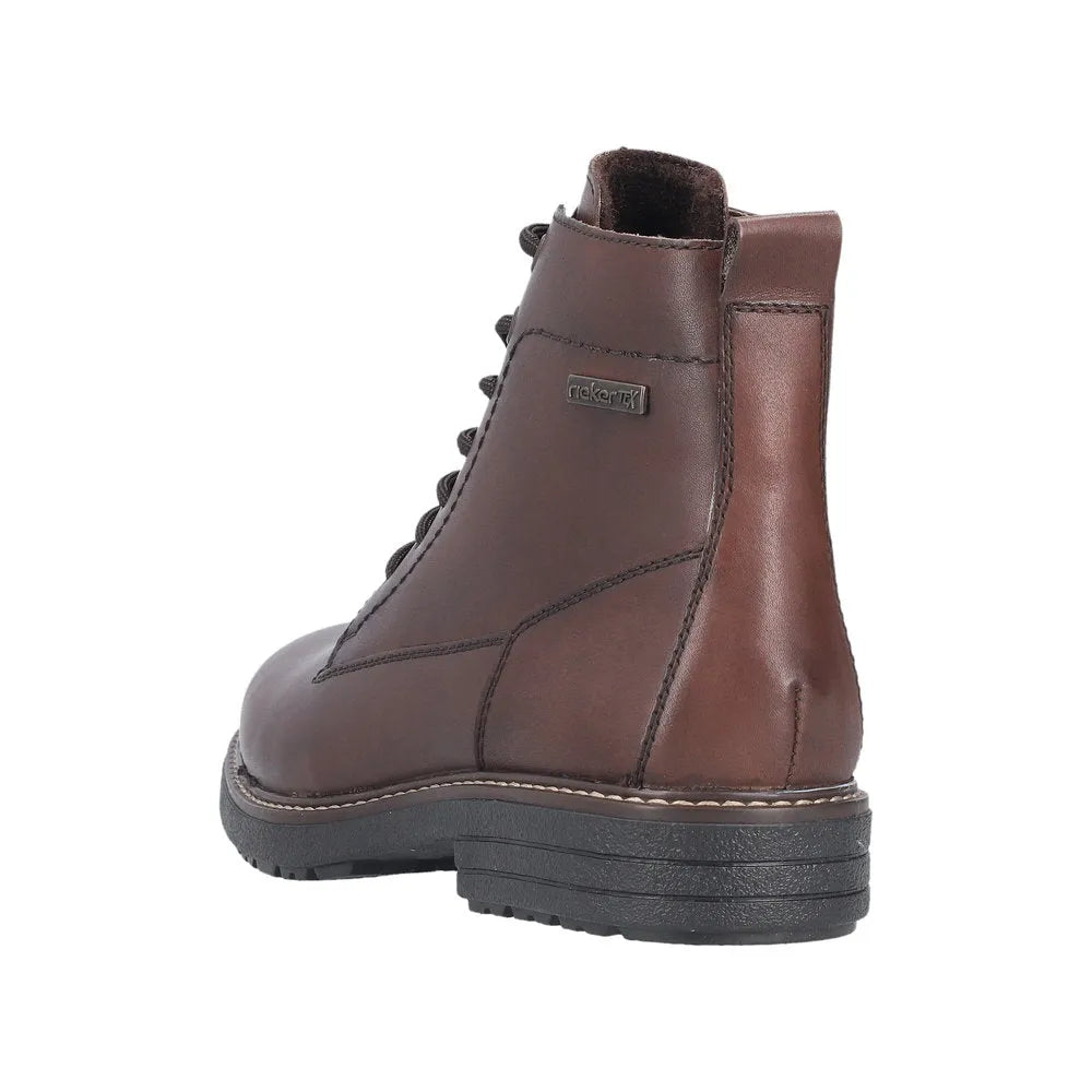 Rieker 33143-25 men's brown leather water-resistant ankle boots with zip and lace closure.