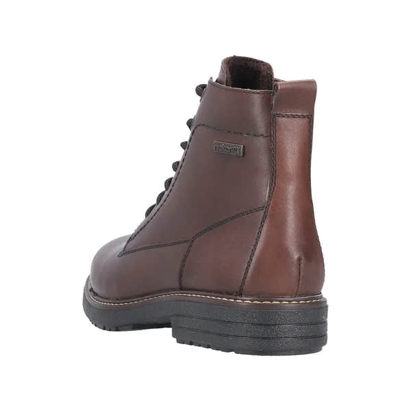 Rieker 33143-25 men's brown leather water-resistant ankle boots with zip and lace closure.