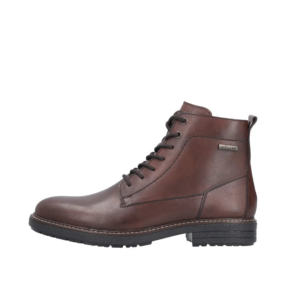 Rieker 33143-25 men's brown leather water-resistant ankle boots with zip and lace-up closure, rugged sole, and pull-tab detail.