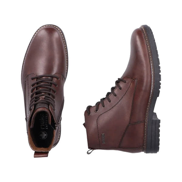 Rieker 33143-25 men's brown leather water-resistant ankle boots with zipper and lace-up closure, rugged rubber sole.