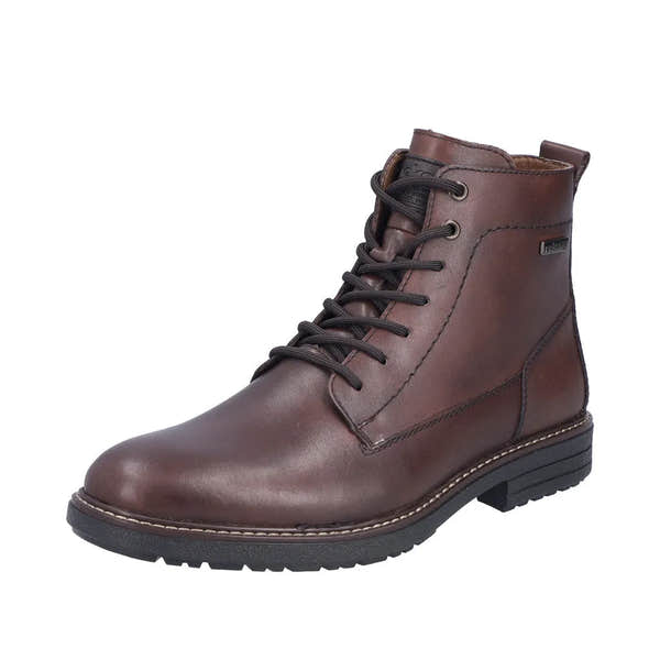 Rieker men's 33143-25 brown leather ankle boots with water resistance, zipper and lace-up closure, chunky rubber sole.