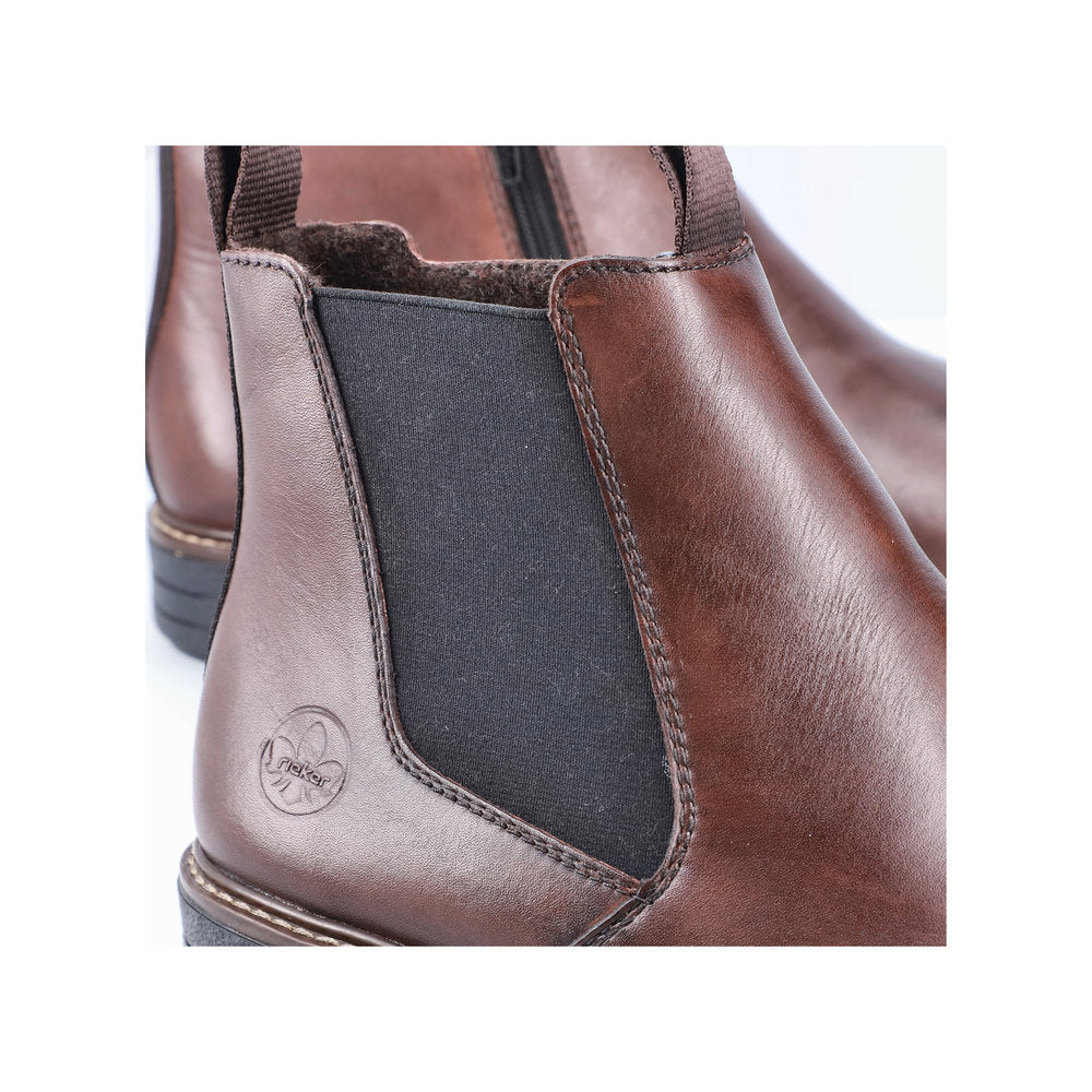 Rieker 33180-26 men's brown leather ankle boots with side zippers and black elastic side panels.