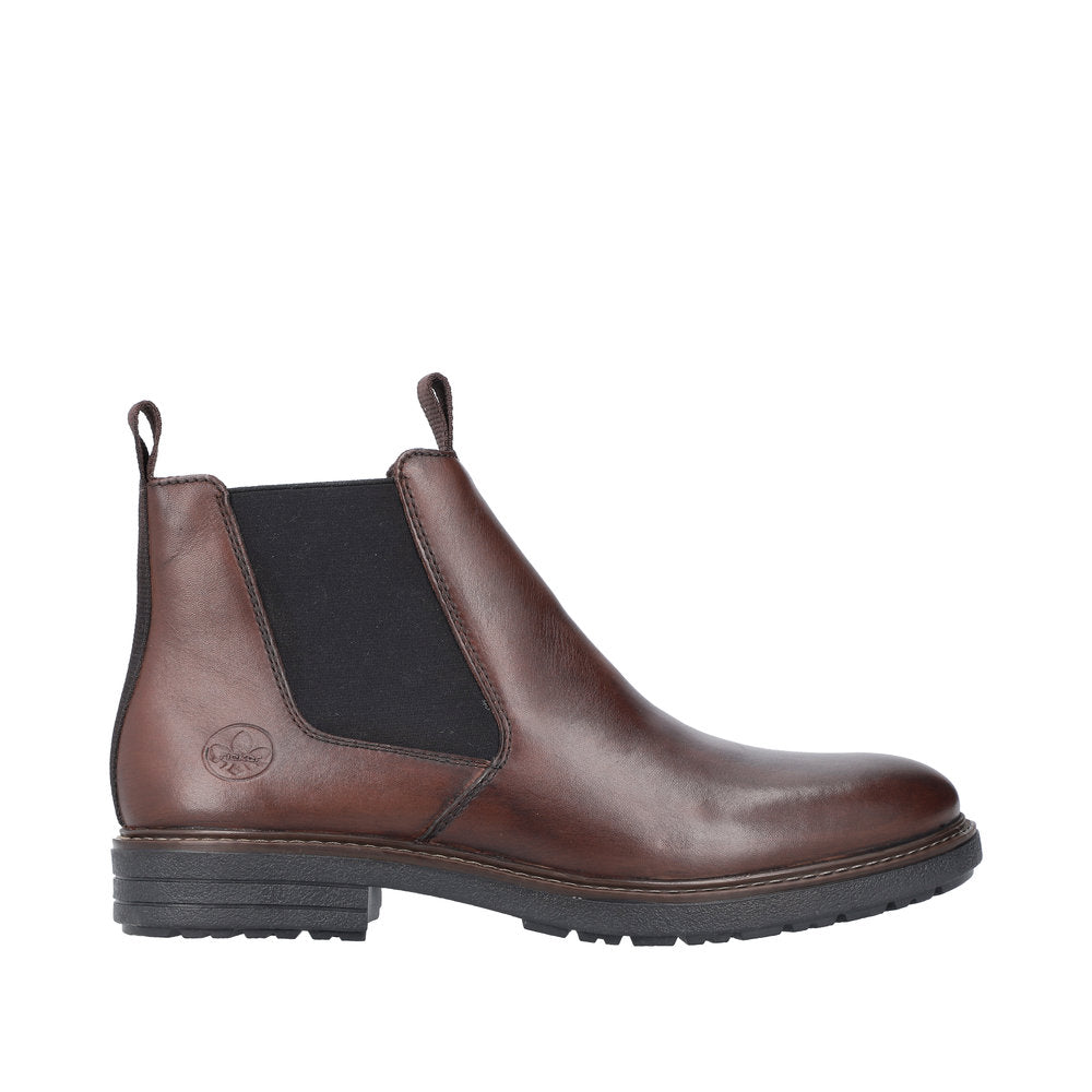 Rieker 33180-26 men's brown leather ankle boots with side zip and elastic side panels, stylish and durable footwear.