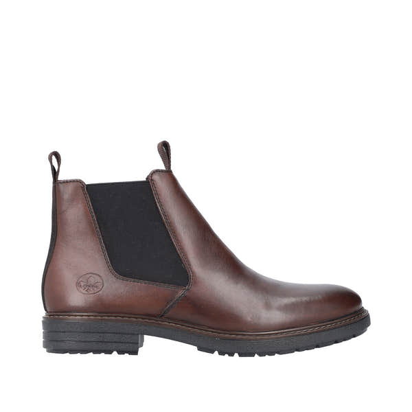Rieker 33180-26 men's brown leather ankle boots with side zip and elastic side panels, stylish and durable footwear.