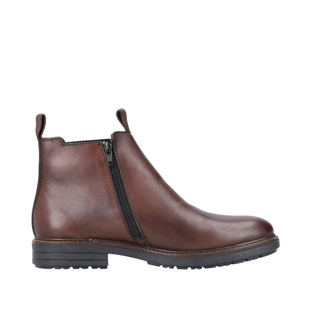 Rieker 33180-26 men's brown leather ankle boots with side zipper, low heel, and slip-on design.