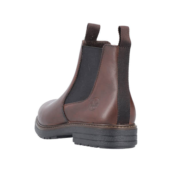 Rieker 33180-26 men's brown leather ankle boots with side zips and black elastic side panels, durable sole, stylish and comfortable.