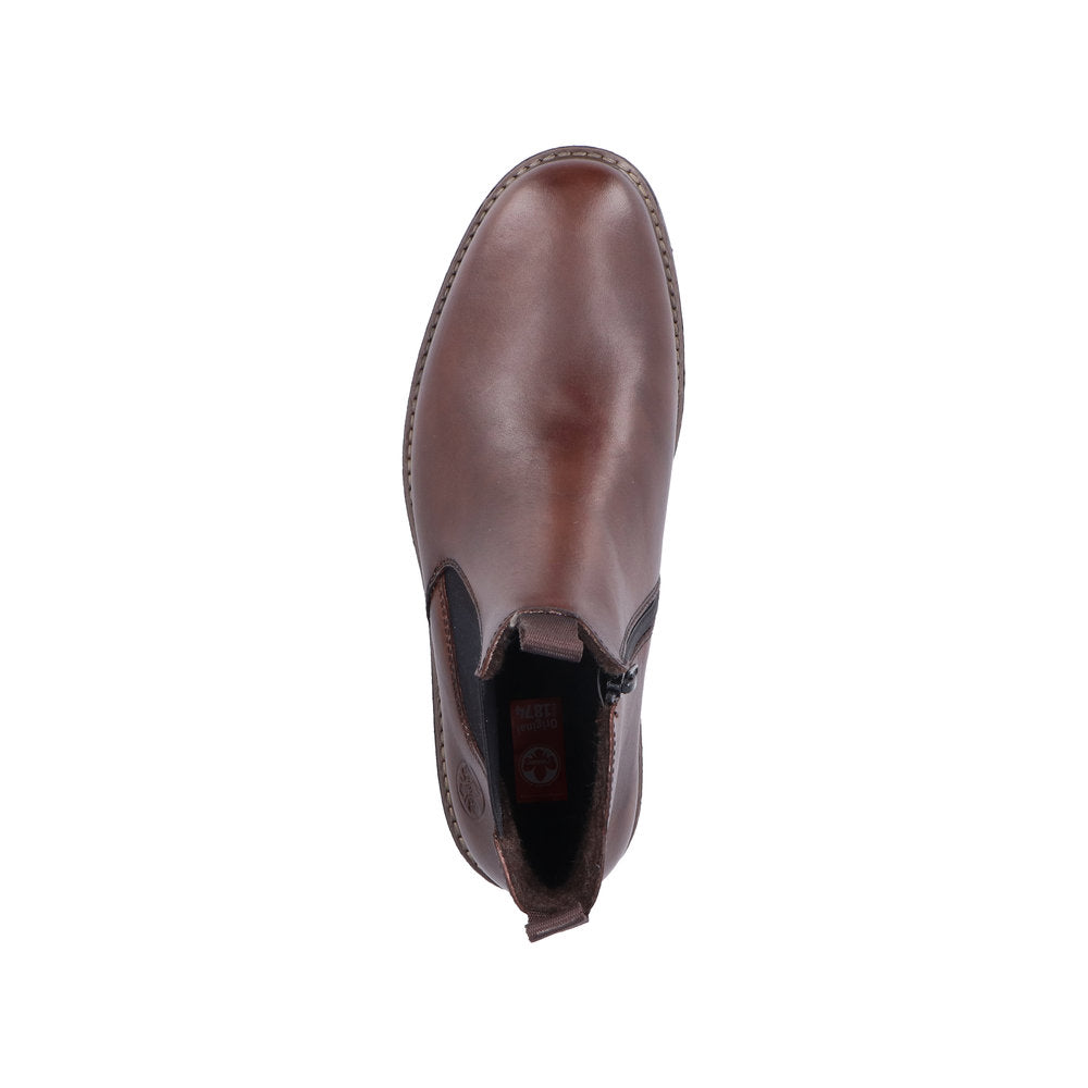 Rieker 33180-26 men's brown leather ankle boots with side zippers and slip-on design.
