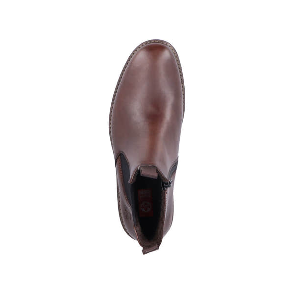 Rieker 33180-26 men's brown leather ankle boots with side zippers and slip-on design.