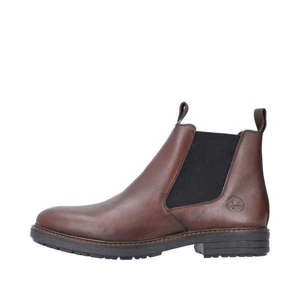 Rieker men's brown leather ankle boots with side zipper, elastic side panel, and pull tabs, casual slip-on style.