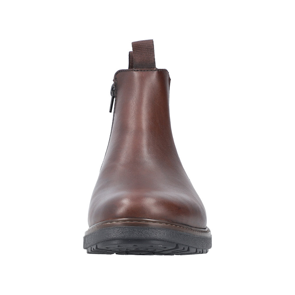 Rieker 33180-26 men's brown leather ankle boots with side zipper and pull tab, durable sole, stylish and comfortable footwear.