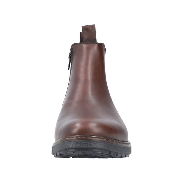 Rieker 33180-26 men's brown leather ankle boots with side zipper and pull tab, durable sole, stylish and comfortable footwear.